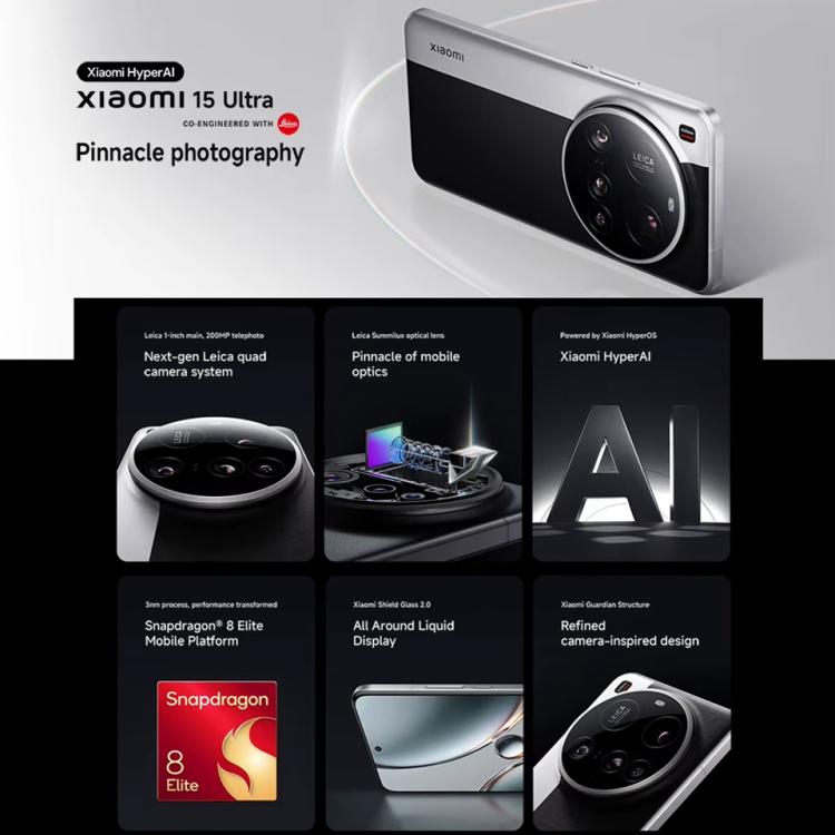 [HK Warehouse] Xiaomi 15 Ultra Global, 16GB+512GB, 3D Ultrasonic Fingerprint, 200MP Camera, 6.73 inch Xiaomi HyperOS 2 Snapdragon 8 Elite Octa Core 3nm, NFC, Network: 5G (Black)