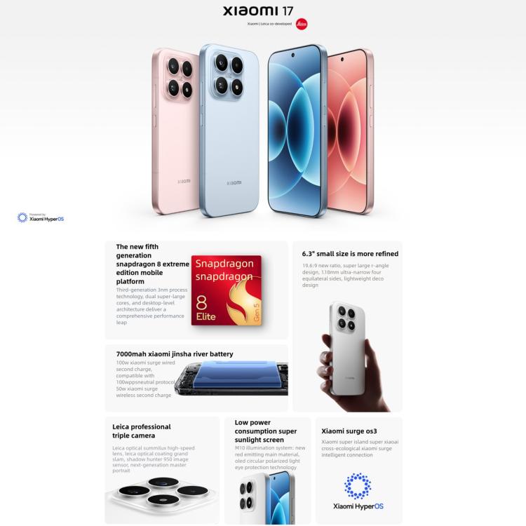 Xiaomi 17, 16GB+512GB, 3D Ultrasonic Fingerprint, 6.3 inch Xiaomi HyperOS 3 Snapdragon 8 Elite Gen 5 Octa Core, NFC, Network: 5G (White)