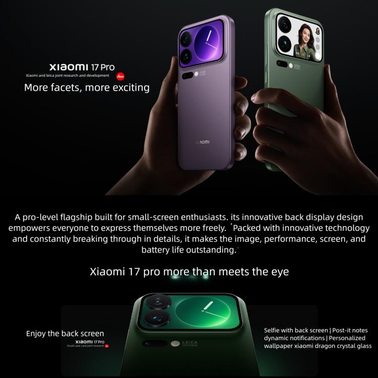 Xiaomi 17 Pro, 12GB+512GB, 3D Ultrasonic Fingerprint, 6.3 inch + 2.7 inch Xiaomi HyperOS 3 Snapdragon 8 Elite Gen 5 Octa Core, NFC, Network: 5G (Purple)