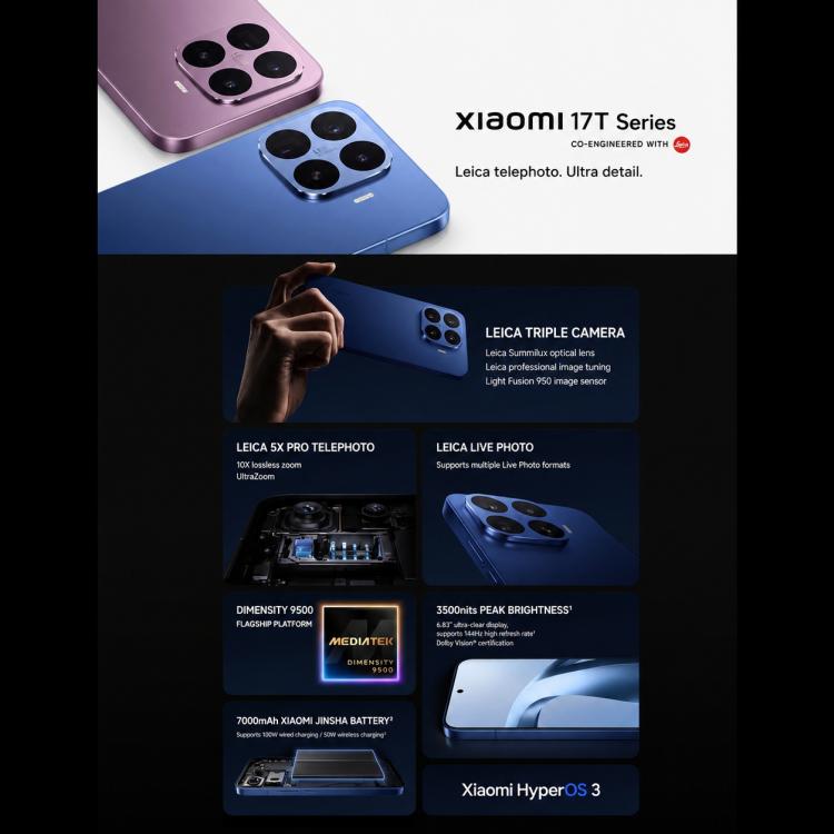 Xiaomi 17T Pro, 16GB+512GB, Screen Fingerprint, 6.83 inch Xiaomi HyperOS 3 Dimensity 9500 Octa-Core, NFC, Network: 5G (Purple)