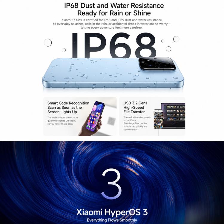 Xiaomi 17 Max, 12GB+256GB, 3D Ultrasonic Fingerprint, 6.9 inch Xiaomi HyperOS 3 Snapdragon 8 Elite Gen 5 Octa Core, NFC, Network: 5G (Black)