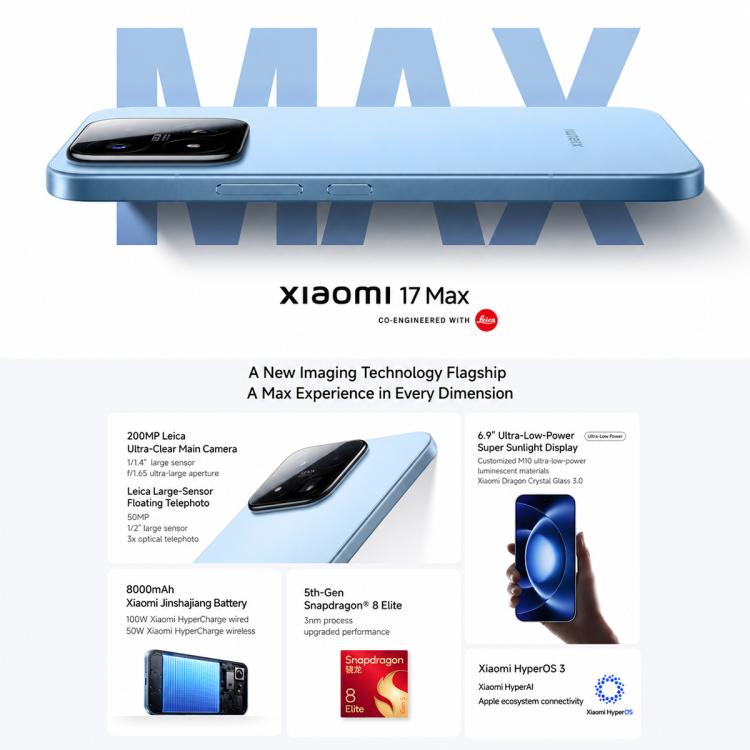 Xiaomi 17 Max, 16GB+256GB, 3D Ultrasonic Fingerprint, 6.9 inch Xiaomi HyperOS 3 Snapdragon 8 Elite Gen 5 Octa Core, NFC, Network: 5G (Black)