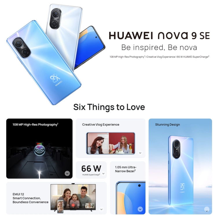Huawei nova 9 SE 4G JLN-AL00, 108MP Camera, 8GB+128GB, China Version, Quad Back Cameras, Side Fingerprint Identification, 6.78 inch HarmonyOS 2.0.1 Qualcomm Snapdragon 680 Octa Core up to 2.4GHz, Network: 4G, OTG, Not Support Google Play(White)