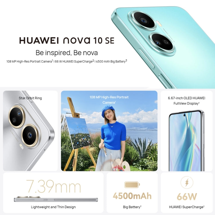 HUAWEI nova 10 SE BNE-AL00, 128GB, China Version, Triple Back Cameras + Single Front Camera, Side Fingerprint Identification, 6.67 inch HarmonyOS 2.0.1 Qualcomm Snapdragon 680 Octa Core, Network: 4G, OTG, NFC, Not Support Google Play(Mint Green)