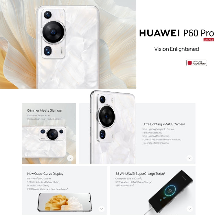 HUAWEI P60 Pro MNA-AL00, 512GB, 48MP Camera, China Version, Triple Back Cameras, In-screen Fingerprint Identification, 6.67 inch HarmonyOS 3.1 Qualcomm Snapdragon 8+ 4G Octa Core up to 3.2GHz, Network: 4G, OTG, NFC, Not Support Google Play(Emerald)