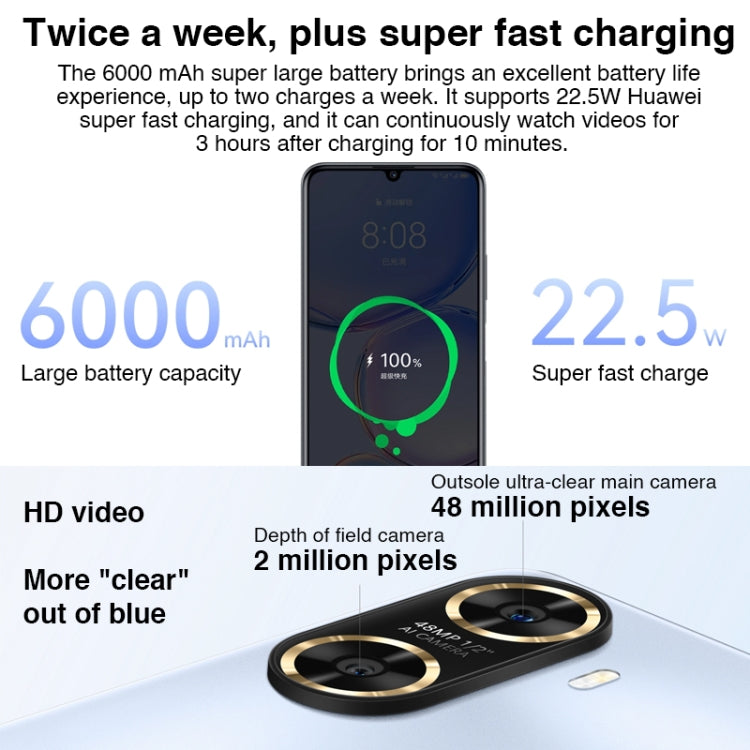 Huawei Enjoy 60 256GB MGA-AL40,  48MP Cameras, China Version, Dual Back Cameras, Face ID & Side Fingerprint Identification, 6000mAh Battery, 6.75 inch HarmonyOS 3.0 Octa Core, Network: 4G, OTG, Not Support Google Play(Gold)