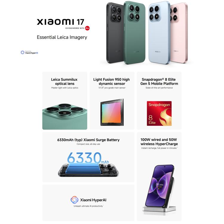 Xiaomi 17 Global, 12GB+256GB, Ultrasonic Fingerprint, 6.3 inch Xiaomi HyperOS 3 Snapdragon 8 Elite Gen 5 Octa Core, NFC, Network: 5G (Black)