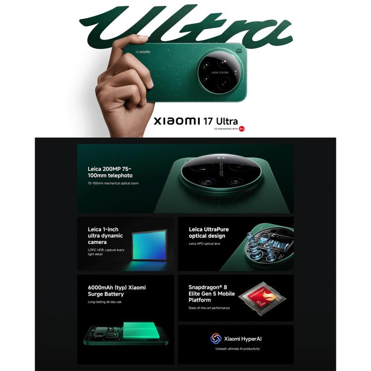 [HK Warehouse] Xiaomi 17 Ultra Global, 16GB+1TB, Ultrasonic Fingerprint, 6.9 inch Xiaomi HyperOS 3 Snapdragon 8 Elite Gen 5 Octa Core, NFC, Network: 5G (Green)